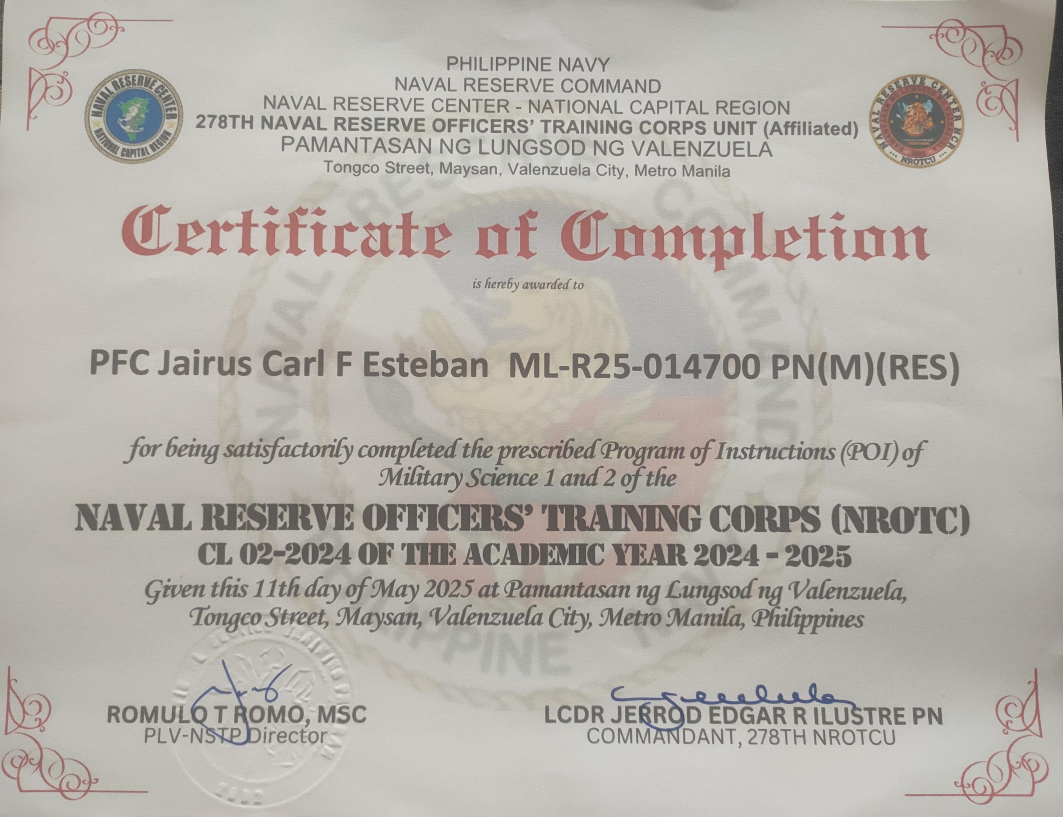 Certificate: NROTC