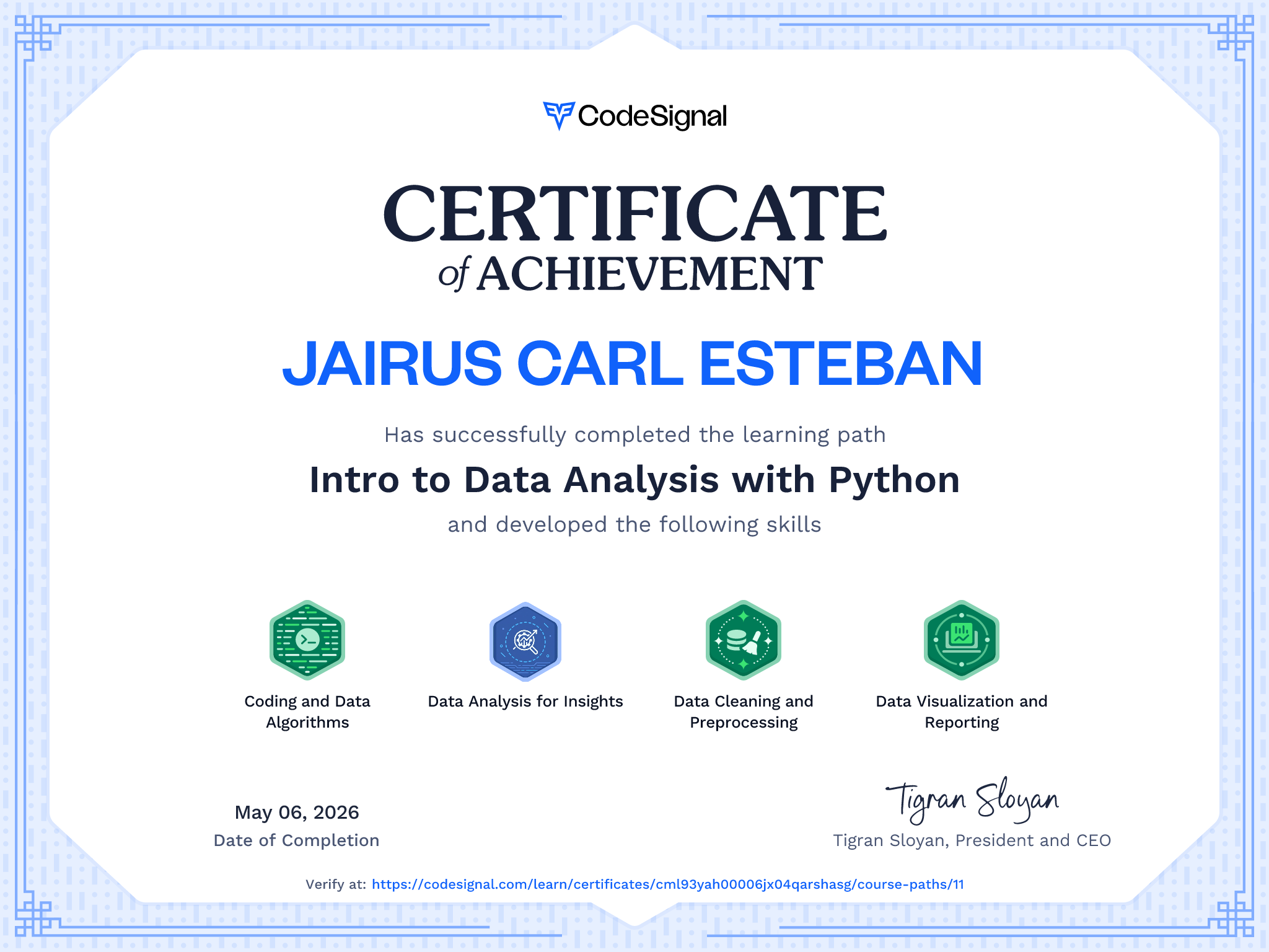 Certificate: CodeSignal python