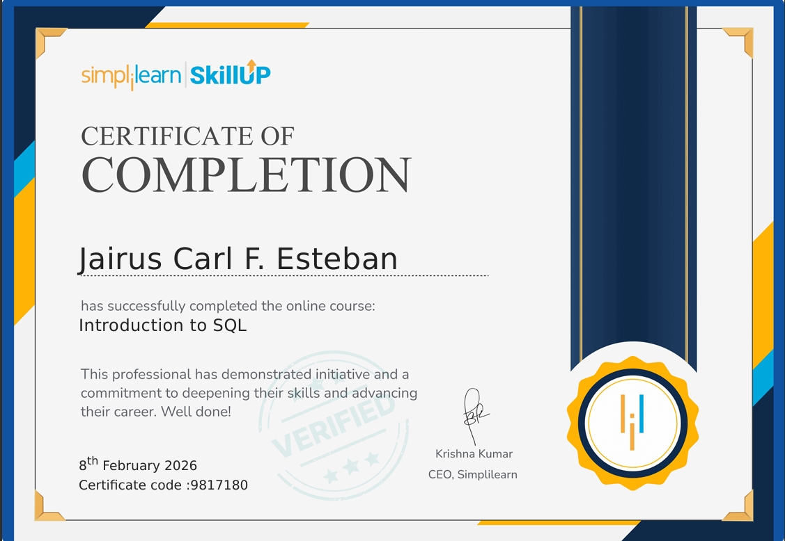 Certificate: Simplilearn SQL Basics